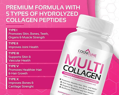 CogniTune Multi Collagen Peptides for Women with Biotin, Hyaluronic Acid, Vitamin C - 5 Types I II III V X Colageno Hidrolizado - 2000mg Hair Skin Nails Joints Support - 120 Capsules