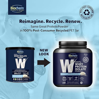 Biochem Whey Protein Isolate Powder - Vanilla Flavor, 20 Grams per Serving, Sourced from Grass Fed Cows, Non-GMO, Vegetarian, - Supports Muscle Mass & Performance