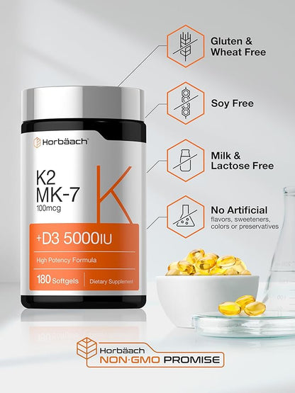 Horbäach Vitamin D3 K2 5000 iu | 100mcg MK-7 Complex | 180 Softgel Capsules | Non-GMO & Gluten Free Supplement