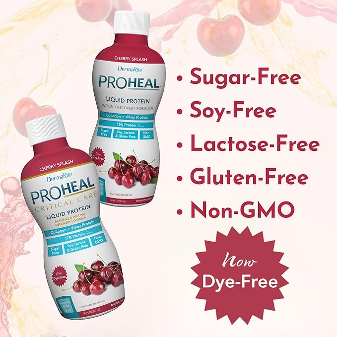 DermaRite's ProHeal Protein Supplement - Liquid Protein Wound Recovery Formula, 15g of Collagen & Whey Protein - Cherry Splash Flavor, 30 oz., 1 Count