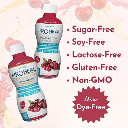 DermaRite's ProHeal Protein Supplement - Liquid Protein Wound Recovery Formula, 15g of Collagen & Whey Protein - Cherry Splash Flavor, 30 oz., 1 Count