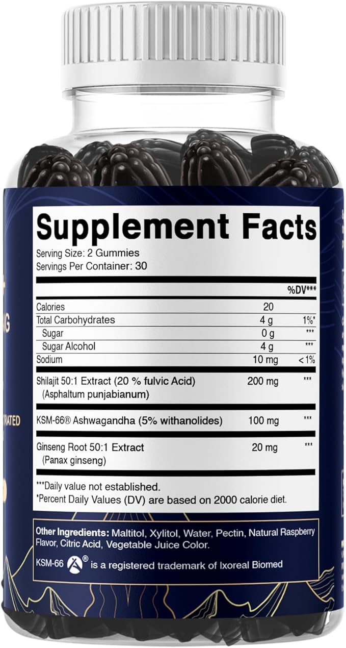 Vitamatic Shilajit with KSM-66® Ashwagandha & Ginseng Extract Gummies – Natural Raspberry Flavor – 60 Vegan Gummies - Made in USA