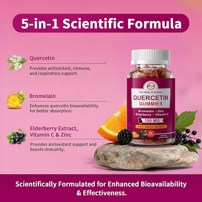 M inch (2 Pack) Quercetin Gummies with Bromelain, Elderberry, Zinc and Vitamin C - Chewable Quercetin 100mg Supplement for Immunity, Allergy, Aging Support - Vegan Gummies for Adult & Kid