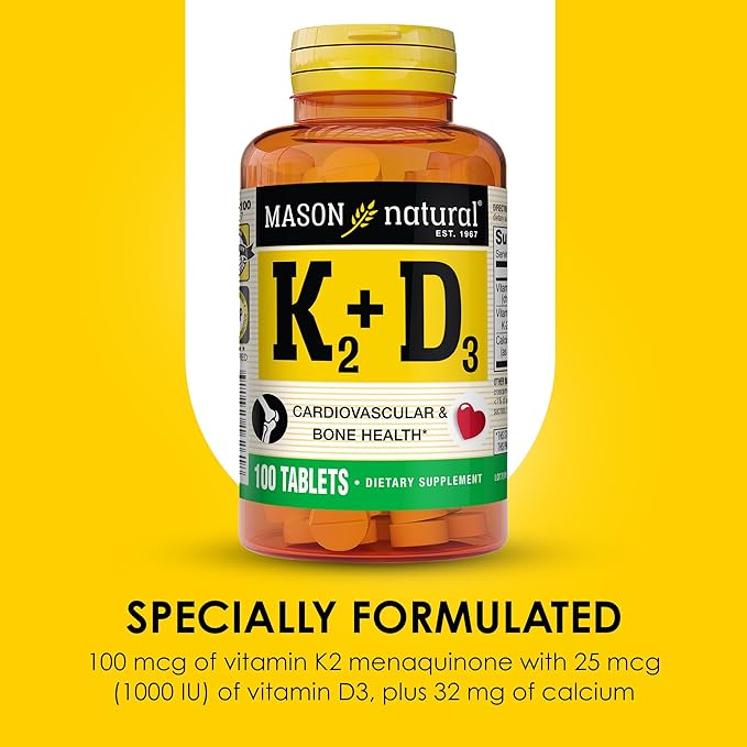 MASON NATURAL Vitamin K2 + D3, 300,Day Supply, with Calcium for Normal Bone and Muscle Support, 100 Tablets (Pack of 3)