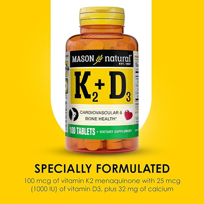 MASON NATURAL Vitamin K2 + D3, 300,Day Supply, with Calcium for Normal Bone and Muscle Support, 100 Tablets (Pack of 3)