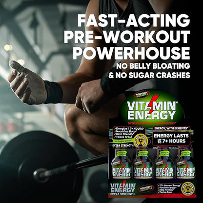 Vitamin Energy Workout+ Extra Strength Energy Shot Sour Apple 24 Pack, 260mg Natural Caffeine, Pre-Workout, B-Vitamins, Minerals, Endurance & Performance, Zero Sugar, Gluten-Free, Vegan, 1.93 fl oz