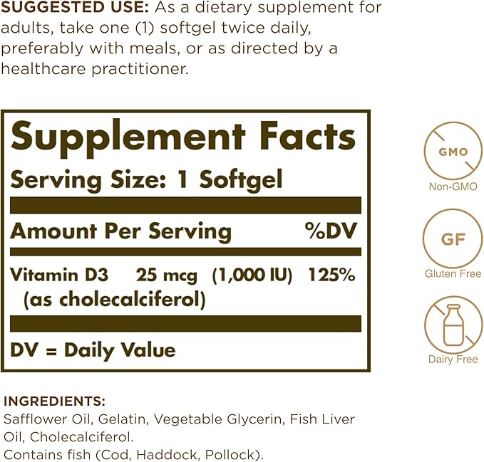 Solgar - Vitamin D3 (Cholecalciferol) 1,000 IU Softgels, 250 Count