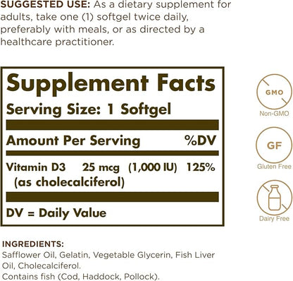 Solgar - Vitamin D3 (Cholecalciferol) 1,000 IU Softgels, 250 Count