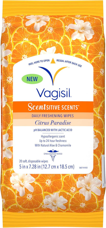 Vagisil Scentsitive Scents Daily Feminine Intimate Wipes for Women, Gynecologist Tested, Citrus Paradise, 20 Wipes in Resealable Pouch (Pack of 1)