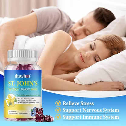 duwhot St John's Wort Gummies 600mg, 3 in 1 Organic Herbal Supplements for Stress Relief, Nervous System Support, with Ashwagandha & Holy Basil Extract for Adults & Kids, Non-GMO, Vegan, 60 ct.