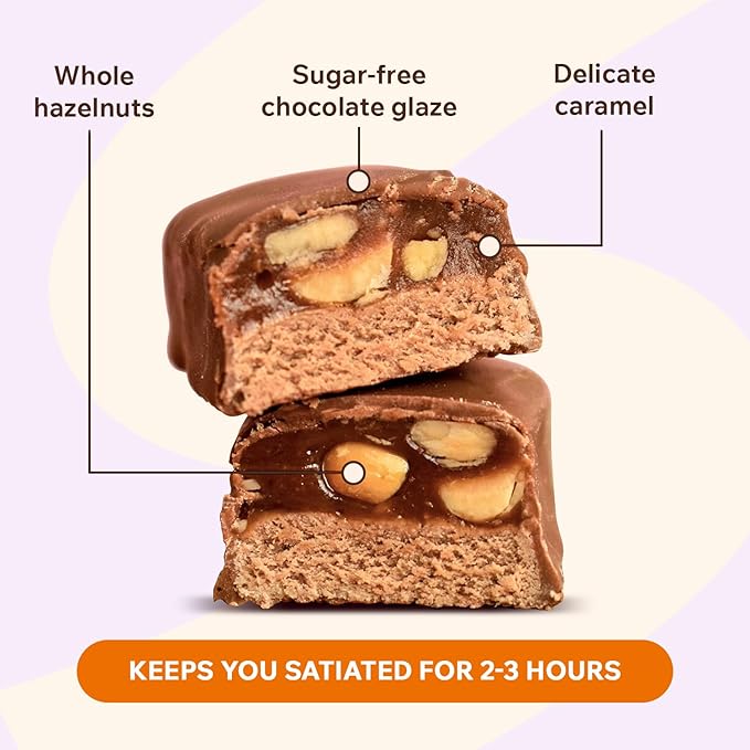 Fitness SHOCK Hazelnut Caramel Protein Bars - No Added Sugar, Low Calorie Low Carb Snack - 10g Protein, 0g Added Sugar, 190 Kcal, 16g Net Carbs - 12 x 50g