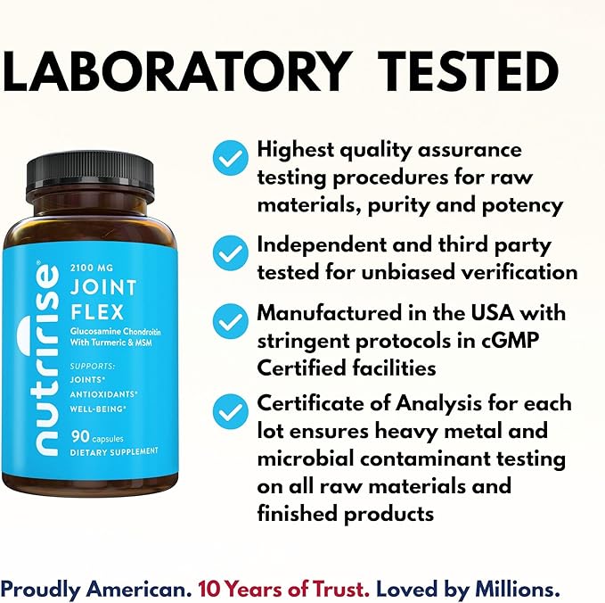 NutriRise Glucosamine Chondroitin Quercetin & MSM with Turmeric Curcumin 2100mg Triple Strength Joint Support Supplement for Women & Men with Boswellia & Bromelain, Gluten Free, Non GMO, 90 Count