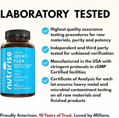 NutriRise Glucosamine Chondroitin Quercetin & MSM with Turmeric Curcumin 2100mg Triple Strength Joint Support Supplement for Women & Men with Boswellia & Bromelain, Gluten Free, Non GMO, 90 Count