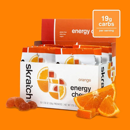 Skratch Labs Energy Chews | Gummies for Running, Cycling & Endurance Quick Carbs for Athletes, Easy to Digest, Real Fruit | Gel Alternative for Long Runs & Rides | Orange 10 Pack | Gluten Free, Vegan
