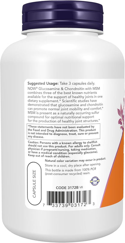 NOW Foods Supplements, Glucosamine & Chondroitin with MSM, Joint Health, Mobility and Comfort*, 180 Veg Capsules