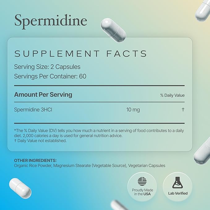 Spermidine Capsules Gluten Free 99% Concentration 100x More Potent Than Wheat Germ Extract for Anti-Aging DNA Telomere Support
