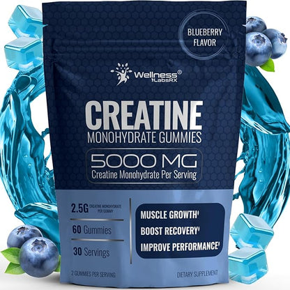 Creatine Gummies 5000mg, 30 Servings Creatine Monohydrate Gummies - Third-Party Tested Creatine for Women, Blueberry Flavor Creatine for Men, Muscle Growth, Strength, and Recovery - Pack of 1