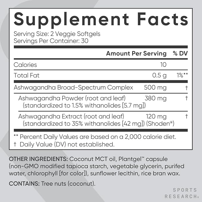 Sports Research® Ashwagandha Softgels with Coconut MCT Oil - Natural Adaptogen Made with Shoden® Ashwa for Relaxation, Calm & Sleep Support - Gluten Free & Vegan Friendly - 60 Count