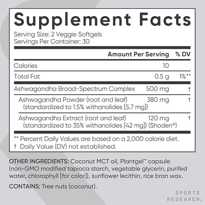 Sports Research® Ashwagandha Softgels with Coconut MCT Oil - Natural Adaptogen Made with Shoden® Ashwa for Relaxation, Calm & Sleep Support - Gluten Free & Vegan Friendly - 60 Count