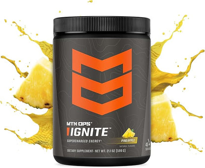 MTN OPS Ignite Sugar Free Energy Drink Powder with 200mg Caffeine, Nootropic Blend for Energy, Focus & Endurance, L Arginine & L Citrulline Pre Workout, 45 Servings, Pineapple