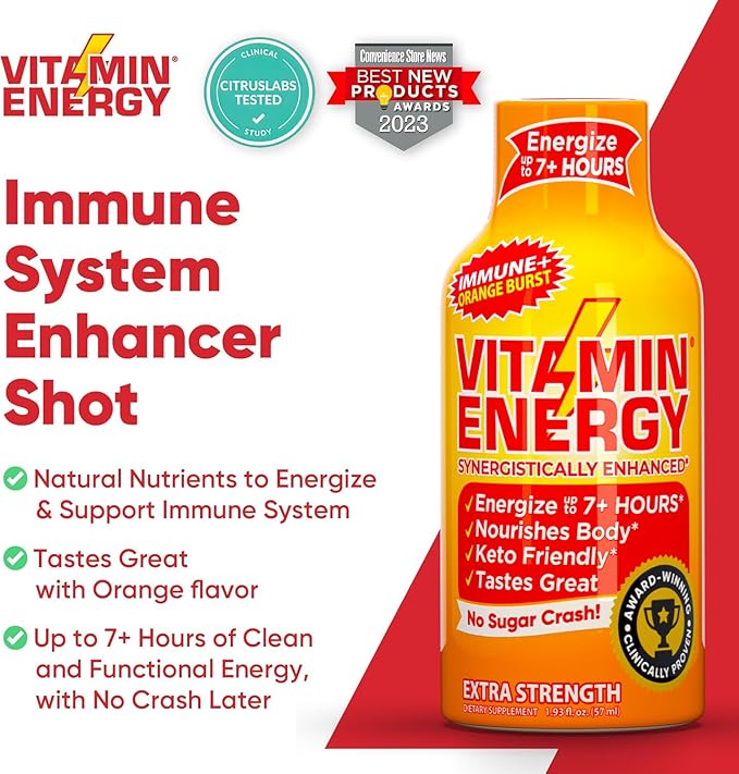 Vitamin Energy Immune+ Extra Strength Energy Shot Orange Burst 48 Pack, 260mg Natural Caffeine, B-Vitamins, Citicoline, Green Tea, Immunity & Focus Support, Zero Sugar, Gluten-Free 1.93 fl oz