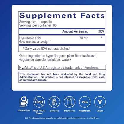 Pure Encapsulations Hyaluronic Acid - for Skin Hydration, Joint Lubrication & Joint Health* - Effective Absorption - Gluten Free - Vegan & Non-GMO - 60 Capsules