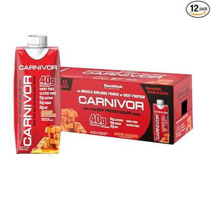 MuscleMeds Carnivor RTD, Ready to Drink Protein, Lactose Free, Sugar Free, 40g Isolate Protein, Muscle Building, Recovery, Halal Certified, Salted Caramel, 16.9 Fl Oz (Pack of 12)