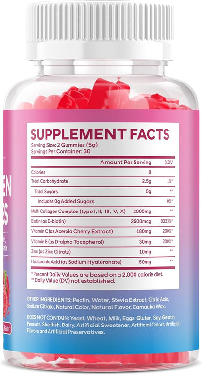 Collagen Peptide Gummies for Women & Men, Collagen Protein Type I,II,III,V,X with Biotin Vitamin C, D, Hydrolyzed Collagen Supplement for Skin, Hair, Nails, Raspberry Flavor, 60 Count