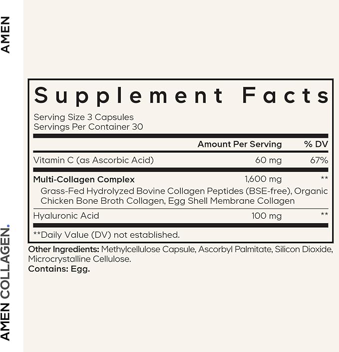 Amen Multi Collagen Peptides Capsules with Hyaluronic Acid and Vitamin C - 5 Types of Collagen Protein Type I, II, III, V, X - Grass Fed Hydrolyzed - 18 Amino Acids - Collagen Supplement - 90 Pills