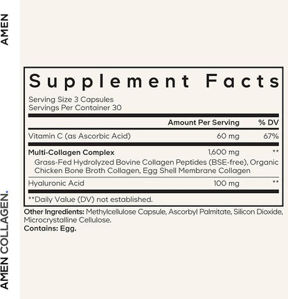 Amen Multi Collagen Peptides Capsules with Hyaluronic Acid and Vitamin C - 5 Types of Collagen Protein Type I, II, III, V, X - Grass Fed Hydrolyzed - 18 Amino Acids - Collagen Supplement - 90 Pills