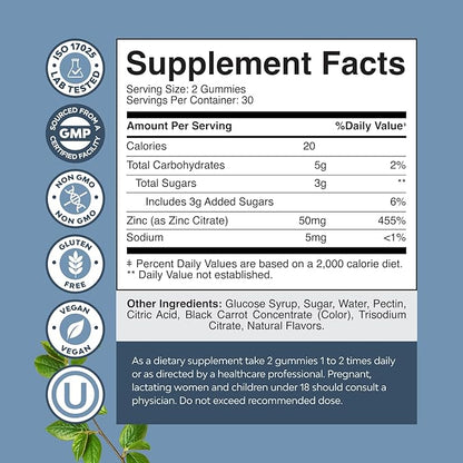 Extra Strength Zinc Gummies for Adults - Chewable Zinc Supplements for Women & Men for Energy & Immune Support - Vitamins & Mineral Supplements - 60 Count