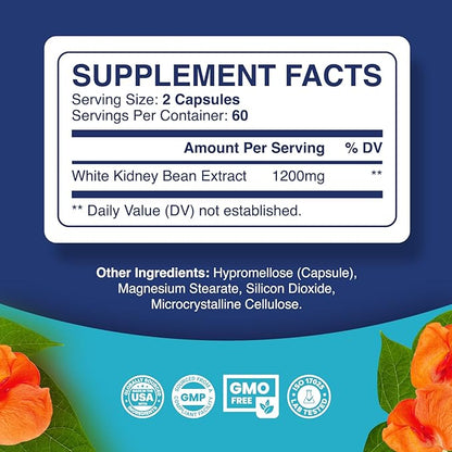 Phytoral White Kidney Bean Extract Carb Blocker - White Kidney Beans Supplement for Metabolism Boost & Ease Calories from Starchy Food - Carb Control Supplements - 120 Count
