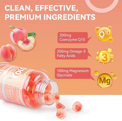 CoQ10 Gummies 200 MG, with Omega-3, EPA + DHA, & Magnesium - Coenzyme Q10 Supplements for Hear-t Health, Cellular Energy & Antioxidant, Vegan - 120 Counts