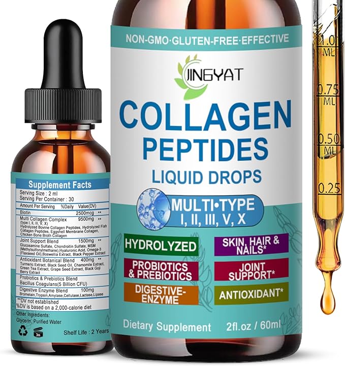Collagen Peptides Liquid Drops, Multi Collagen Peptide for Skin Hair Nail Joints Bones Gut Health, Hydrolyzed Liquid Collagen Peptides w/Glucosamine Chondroitin MSM Biotin Vitamins for Women and Men