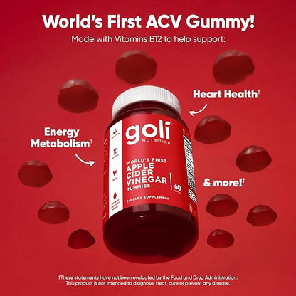 Goli Apple Cider Vinegar Gummies - Worlds First ACV Gummy with Vitamin B12, Beetroot & Pomegranate - Vegan, Non-GMO, Gluten-Free, 120 Count (2 Pack)