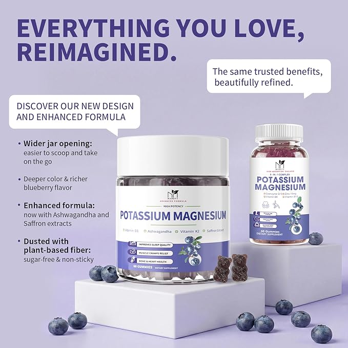 2 Pack Potassium Magnesium Gummies, Sugar-Free Potassium Gummies with Magnesium Glycinate 500mg Chewable Potassium Magnesium Supplements with Calcium, Zinc & Vitamins to Support Leg Muscle Relaxation