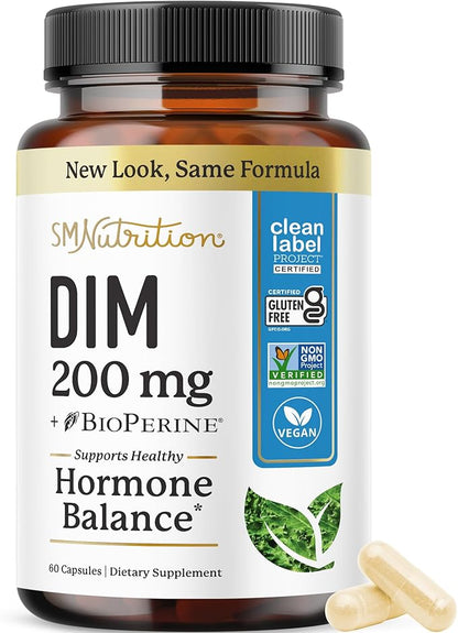 DIM Supplement 200 mg | Estrogen Balance for Women & Men | Hormonal Acne, Hormone Balance, Menopause & Antioxidant Support | Clean Label Project Certified, Vegan & Soy Free Diindolylmethane | 60 Ct.