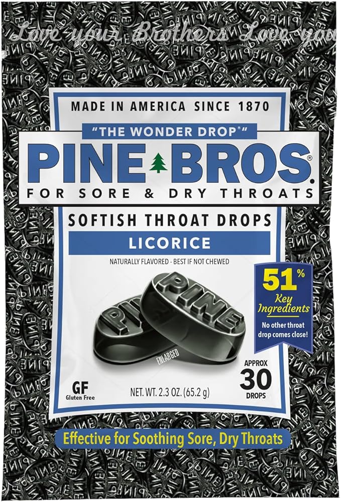 Pine Bros. Gummy Sore Throat Softish Drops 30 Count (Approx) (Pack of 1, Licorice)
