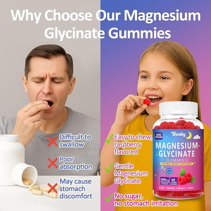 Magnesium Glycinate Gummies 400mg - Sugar Free Vegan Gummies for Adults & Kids with Vitamin D3, B6, C, CoQ10, Collagen, Zinc - Sleep, Muscle, Bone & Memory Support - 60 Raspberry Chewables / 2 Pack