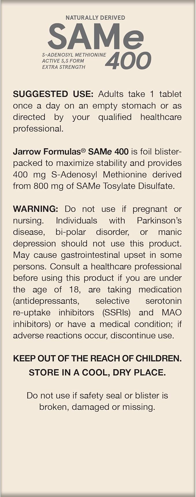 Jarrow Formulas SAMe Supplement 400 mg - 60 Tablets - High Concentration of Active S,S Form - Supports Joint Health, Liver Function, Brain Metabolism, Balanced Mood & Antioxidant Defense - 60 Servings