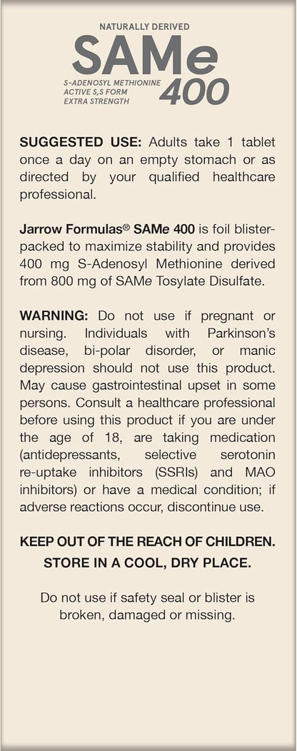 Jarrow Formulas SAMe Supplement 400 mg - 60 Tablets - High Concentration of Active S,S Form - Supports Joint Health, Liver Function, Brain Metabolism, Balanced Mood & Antioxidant Defense - 60 Servings