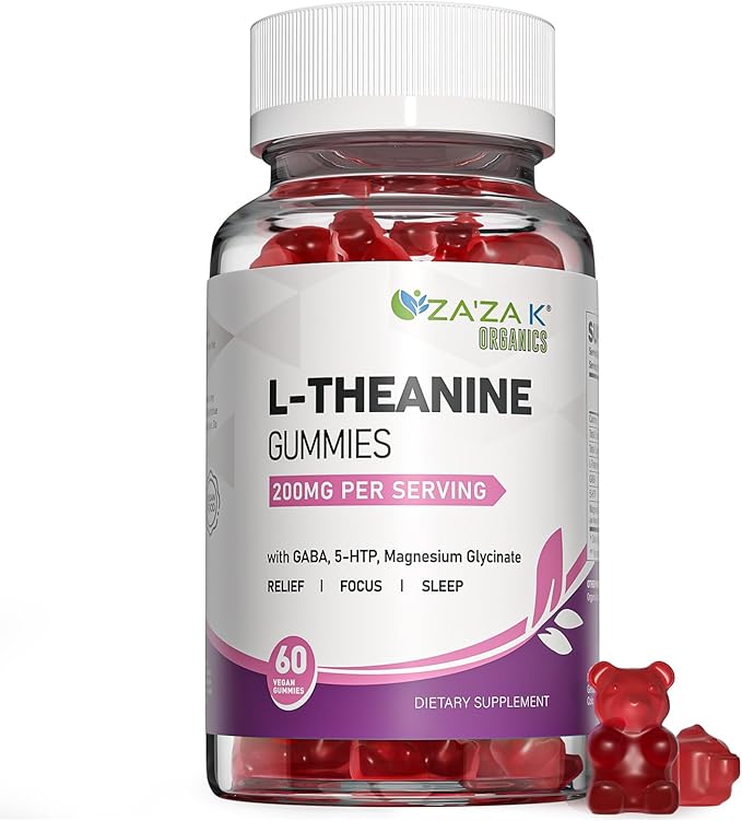 ZA'ZA K ORGANICS L-Theanine 200mg Gummy, L Theanine Supplement Gummies with GABA, 5-HTP & Magnesium Glycinate for Adults and Kids, Stress & Focus Support, Vegan Peach Flavor, 60 Chewable