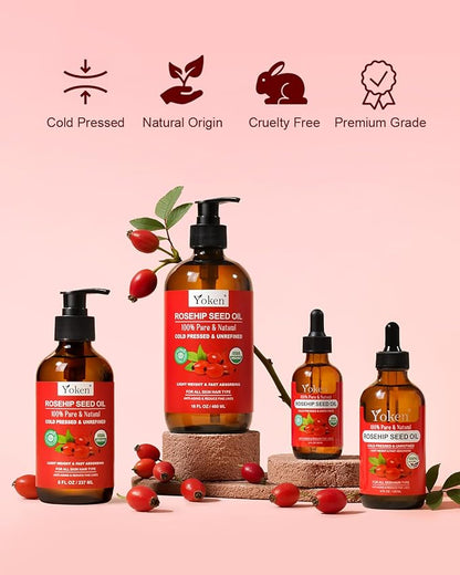 Yoken Organic Rosehip Seed Oil, USDA 100% Pure Rosehip Oils for Face, Hair & Body, Large Glass Bottle 16 fl oz Cold Pressed Rose Hip Oil for Skin Care, Moisturizing, Massage, Gua Sha & DIY Blends