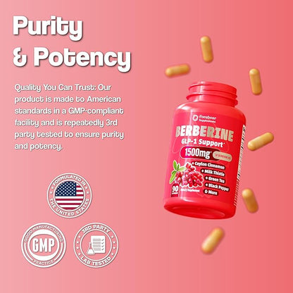 Berberine 1500mg GLP-1 Weight Loss Supplement Pills for Women & Men - Appetite Suppressant with Ceylon Cinnamon, Milk Thistle, Chromium Picolinate, Green Tea & Alpha Lipoic Acid - 90 Veggie Capsules