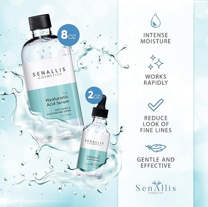 Hyaluronic Acid Serum 8 fl oz And 2 fl oz, Made From Pure Hyaluronic Acid, Anti Aging/Wrinkle, Ultra-Hydrating Moisturizer That Reduces Dry Skin Manufactured In USA