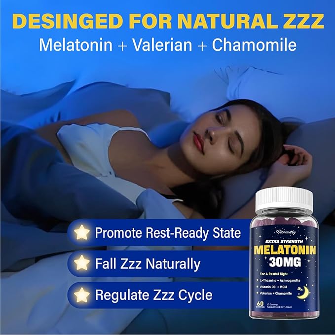 Melatonin Gummies 30mg for Adults: Maximum Strength Melatonin Supplement with L-Theanine, Ashwagandha, MSM, Vitamin D3 & Zinc - Non-Habit Forming, Natural Mixed Berry Flavor 60 Count (Pack of 1)