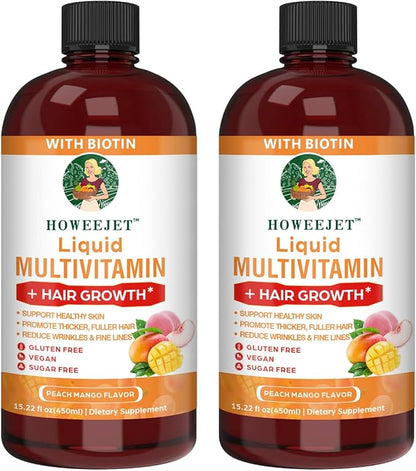 Liquid Multivitamin for Hair Growth | Biotin 10000mcg | Hair & Skin Support Supplement | Clinically Tested for Thicker Hair & Skin Elasticity | Suitable for Women & Men, Ages 18+ | 15.22 Fl Oz (2)