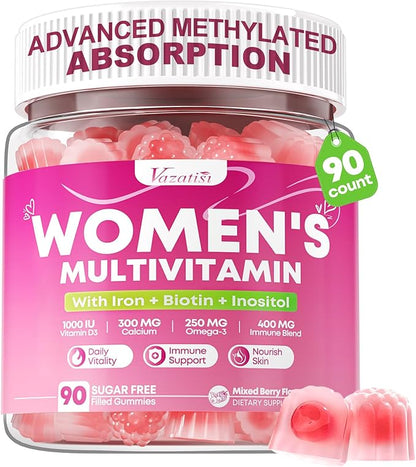 Women's Multivitamin Gummy, Methylated Multivitamin for Women Gummies, Sugar Free Daily Vitamin with Iron, Omega 3, Biotin for Beauty, Immune, Hair & Skin - Vegan, Mixed Berry Flavor, 90 Count