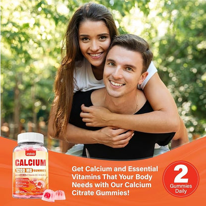 Calcium 1200 mg with Vitamin D3 Supplement for Adults - Calcium Gummies with Vitamin D3 5000IU, K2, B12 for Women Men - Extra Absorption Calcium Citrate - Natural Strawberry Flavor, 60 Gummies