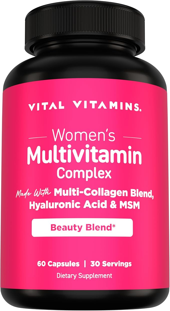 Vital Vitamins Women's Multivitamin Complex - Made with Multi-Collagen Blend, Hyaluronic Acid, & MSM - Beauty Multivitamins - with Vitamin A, C, E, B6, B12, D3-60 Capsules